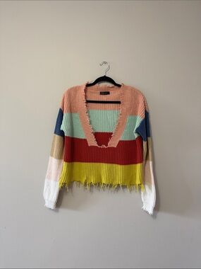 REFORMATION striped distressed knit sweater